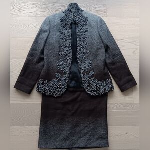 MONIQUE LHUILLIER Wool Ombre Embroidery Crystal Bead Jacket & Skirt Size 10